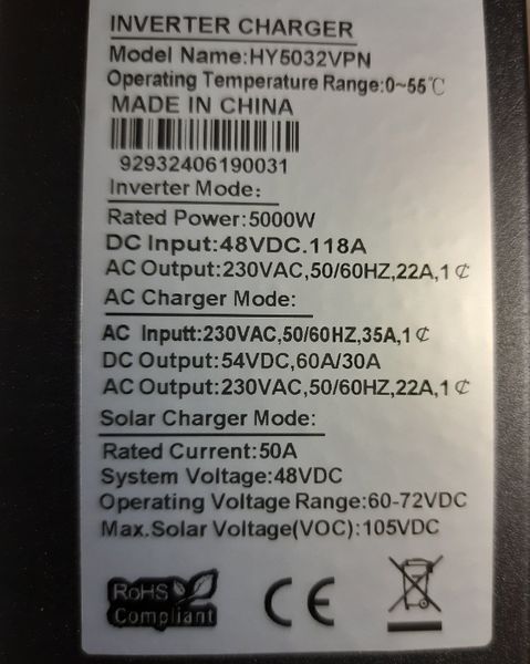 Гібридний інвертор EASTAR HY5032VPN-5.0kW, 48V, чиста синусоїда, MPPT для сонячних панелей фото