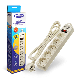Подовжувач SVITTEX з мережевим фільтром SV-023 10A 3х0.75 мм&sup2; 5 розеток 2xUSB 1.8 м фото