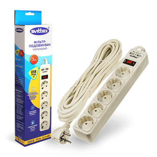 Подовжувач SVITTEX з мережевим фільтром SV-024 10A 3х0.75 мм&sup2; 5 розеток 2xUSB 3 м фото