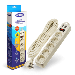Подовжувач SVITTEX з мережевим фільтром SV-025 10A 3х0.75 мм&sup2; 5 розеток 2xUSB 5 м фото