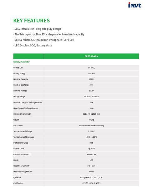 Гібридний інвертор INVT BD6KTL-LL1 6kW 48V IP65 WiFi з акумулятором INVT LiFePO4 5kW 51.2V GRP5.12-WLV фото