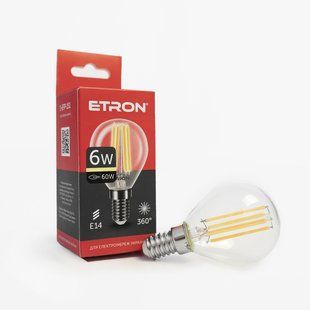 LED лампа ETRON Filament 1-EFP-151 G45 E14 6W 3000K прозора фото